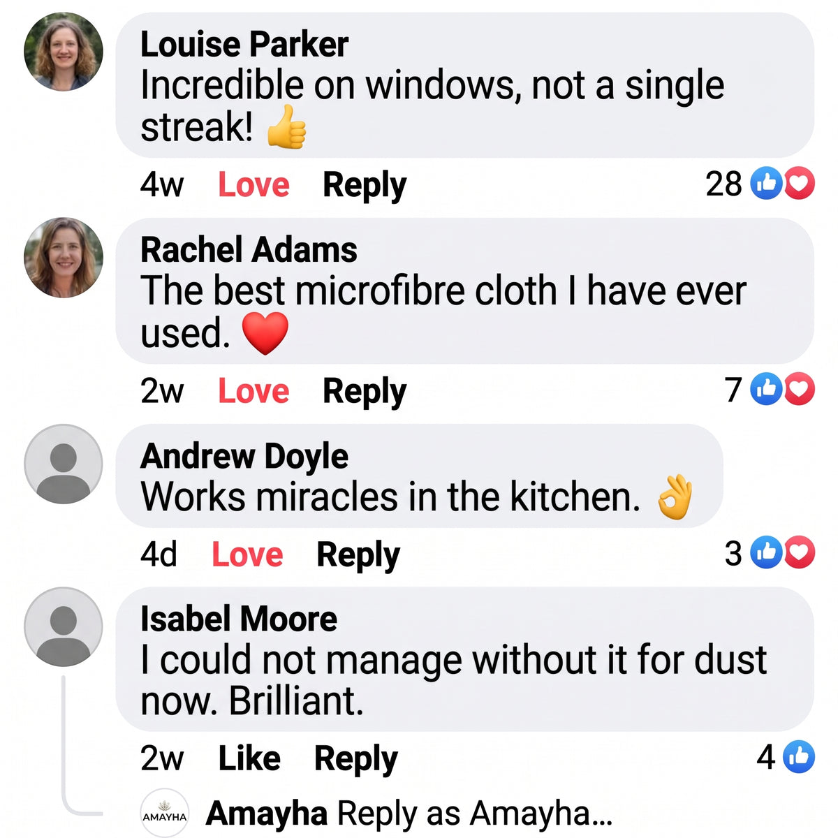 Customer reviews on Facebook - Amayha Magic Cloth