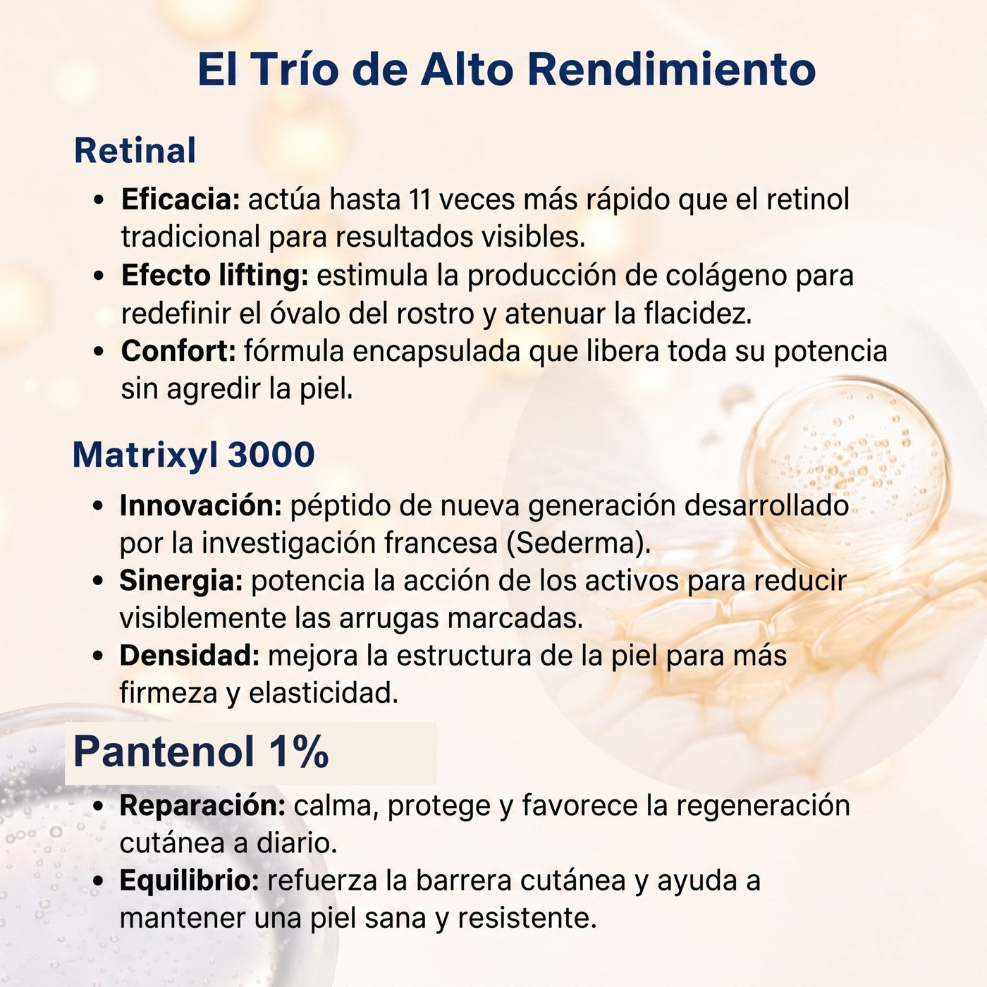 El trío de alto rendimiento: retinal, matrixyl 3000, pantenol