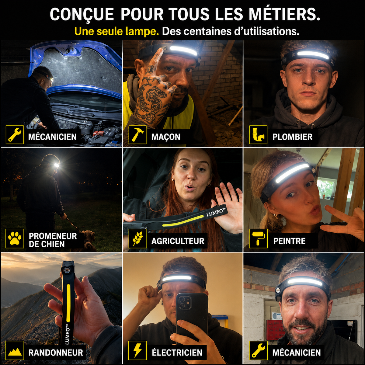 LUMEO™ — Lampe frontale LED rechargeable 350 lumens, USB-C