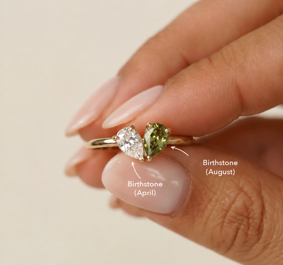 Veria ring close-up with April and August birthstones labelled