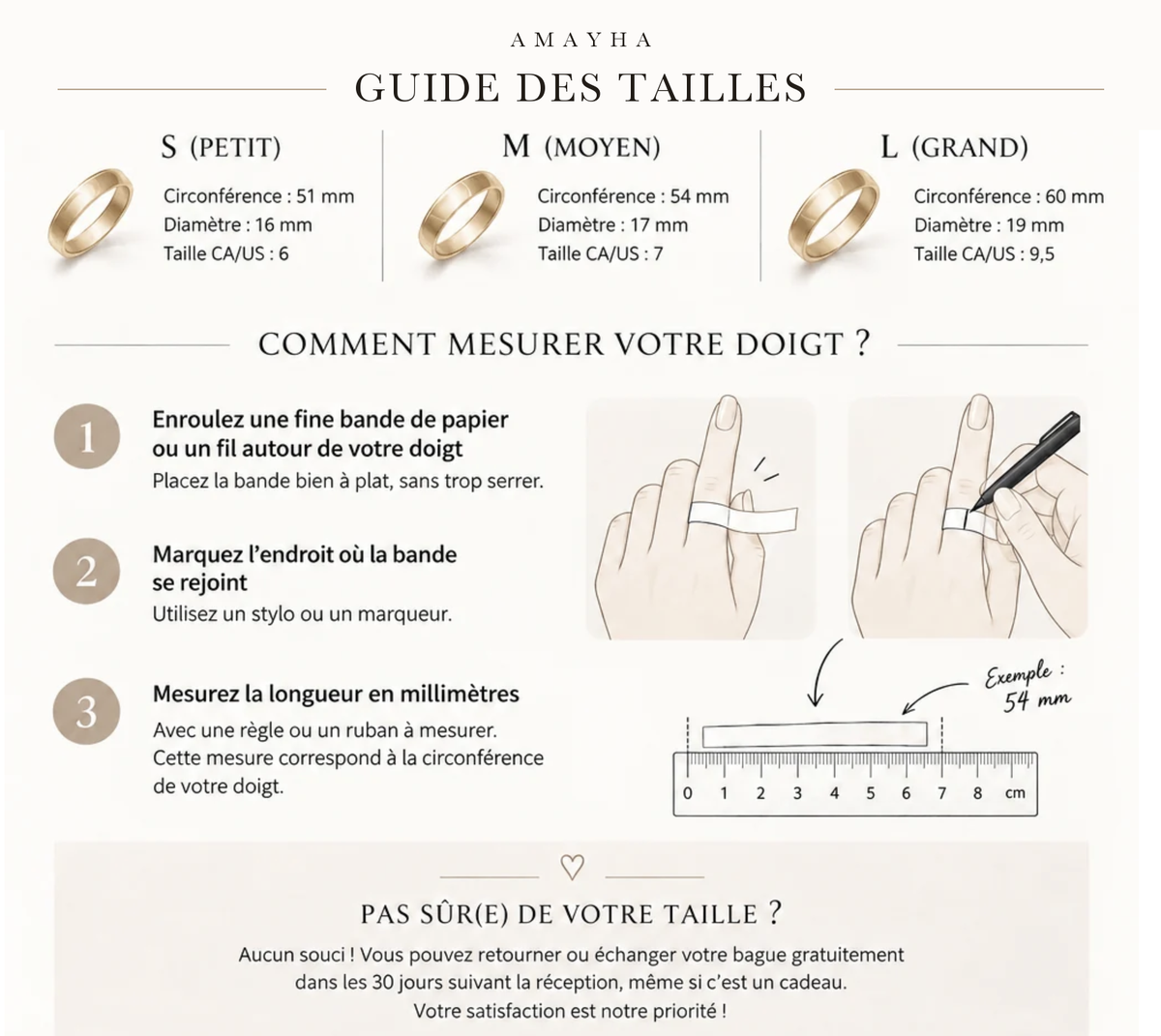 Guide des tailles de bague Amayha : S 51 mm, M 54 mm, L 60 mm, et comment mesurer son doigt